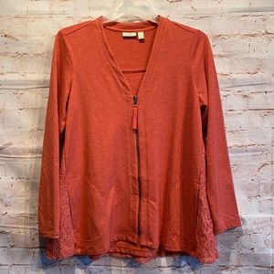LOGO Lounge by Lori Goldstein Zip front cardigan lace back Medium coral full zip
